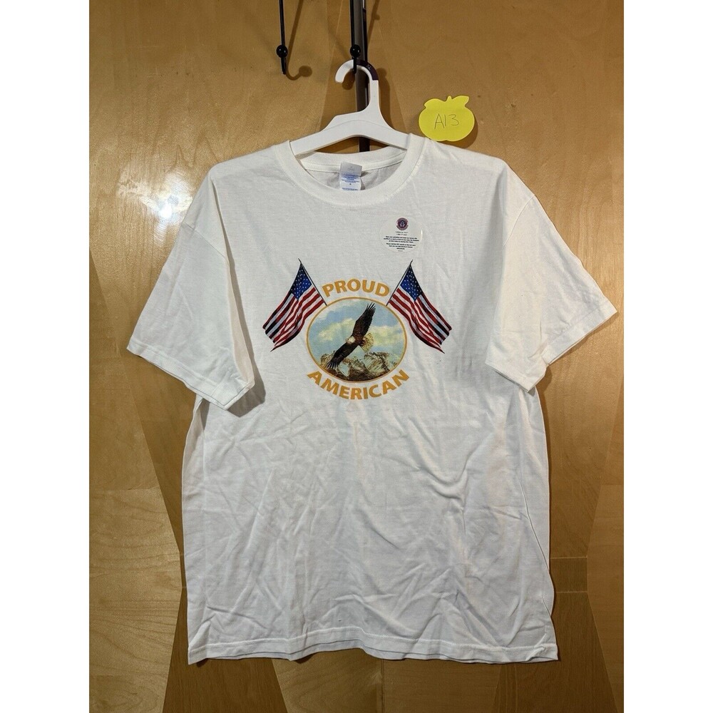 3/$15 Vintage Proud American Mens Tshirt L Large White M&O KnitsBald Eagle Flag
